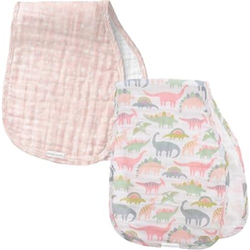 Stephen Joseph, Muslin Baby Burp Cloths, 2-Pack 100% Cotton,Burp Cloth for Baby Boys and Girls, Pink Dino