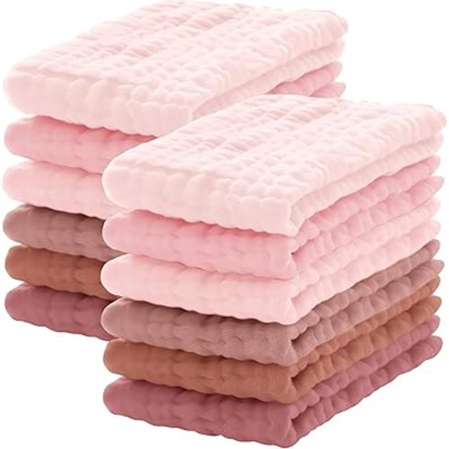 12 Pack Muslin Burp Cloths 100% Cotton Muslin Cloths Large 20''x10'' Extra Soft and Absorbent Baby Burping Cloth - Blush and Terracotta