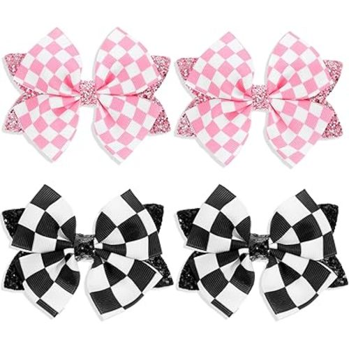 4 Pcs Glitter Pink Checkered Flag Bow for Girls Women, 4 Inch Baby Bows Clips Checker Racing Checkered Flag Hair Bow Clip, Alligator Clips Barrettes Race Fan Car-Themed Birthday Party Gift Accessories