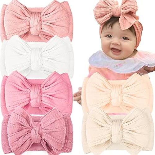 CÉLLOT 6 Pcs Super Stretchy Soft Handmade Headbands with Double Bows Head Wrap Nylon Hair Accessories For Newborn Baby Girls Infant Toddlers Kids(Pink)