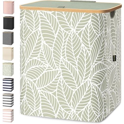 BALEINE Laundry Hamper with Lid, Tall Laundry Baskets with Bamboo Pull Handles, Large Laundry Bin with Internal Support (36 Gal/140L, Antique Foliage)