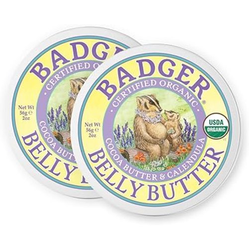 Badger Belly Butter, Organic Stretch Mark Cream for Pregnant Belly, Rich Hypoallergenic Moisturizing Organic Cocoa Butter & Coconut Body Butter for Women, 2 oz Tin, 2-Pack