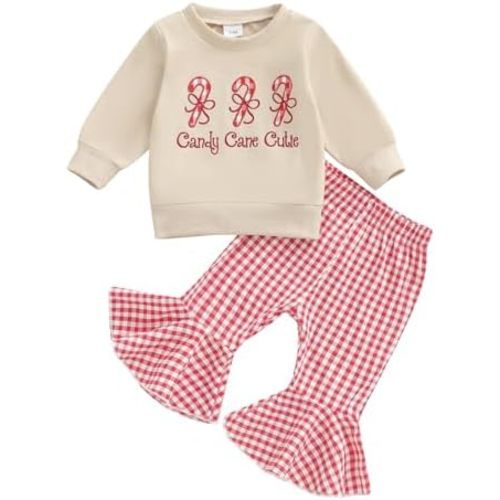 fhutpw Infant Baby Girl Fall Clothes Toddler Winter Outfits Ruffle Sleeve Sweatshirts Plaid Bell Bottom Pants Headband Set
