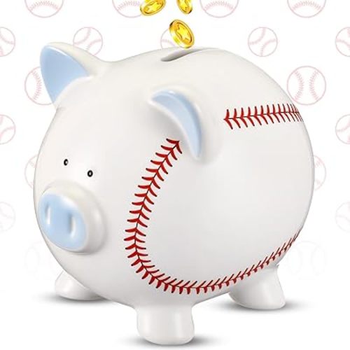 Ceramic Piggy Bank Mini Cute Money Saving Bank Porcelain Decor Coin Box Little Decoration Pig Money Container Special Birthday Christmas New Year Gift(Baseball)