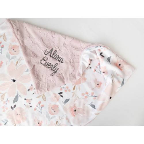 Grace Floral Baby Blanket, Personalized Baby Blanket, Monogram, New Baby Gift, Baby Girl Nursery, Girl Baby Blanket, Pink and Grey Décor