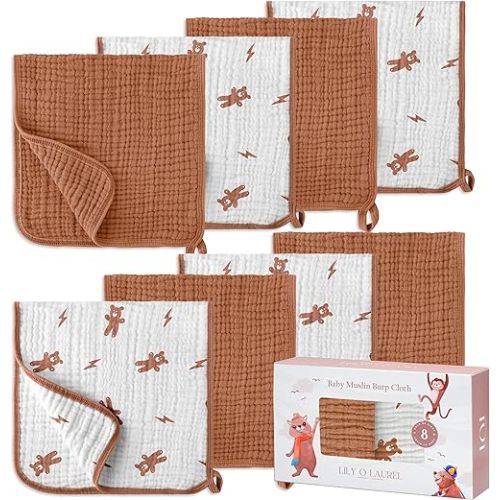 Muslin Burp Cloths, 20"x10"- Pack of 8, 6 Layers Super Soft Absorbent & Breathable 100% Cotton for Baby Drool and Messes, Burp Cloth Baby Boy and Burp Cloths Baby Girl