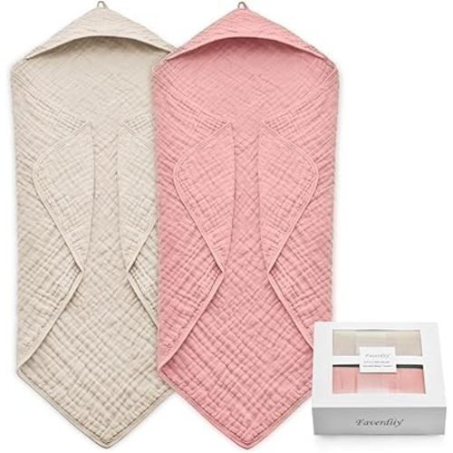 Hooded Baby Towels for Newborn, 35x35 Inch 2 Pack 100% Muslin Cotton Baby Bath Towel, Soft Baby Beach Towels with Hood for Infants, Toddlers and Kids, Essentials Must Haves Dusty Pink+ Beige