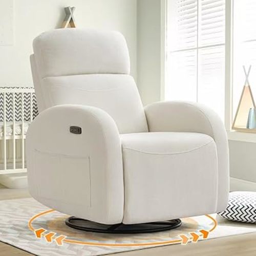 Power Nursery Recliner Glider, Chenille Swivel Rocker with Type-C & USB Port, Swivel Glider with Double Pockets for Adult, Cream White