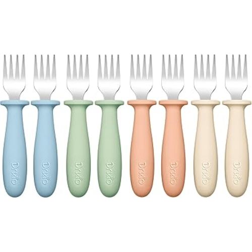 DRKIO 8 Pieces Toddler Forks Set - Baby Forks with Silicone Handle Children safe 18/8 Stainless Steel Toddler Utensils Set for Self Feeding Kids Silverware Anti-Choke Design Food Grade Dishwasher Safe