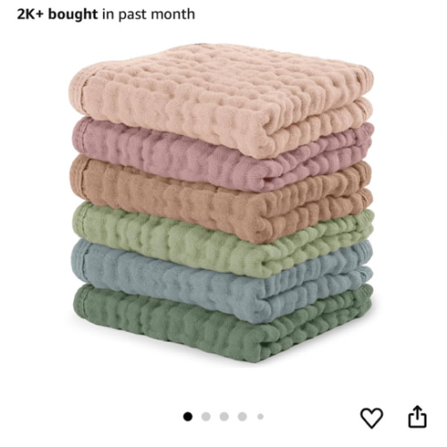 Comfy Cubs Muslin Baby Washcloths 6 Pack - Soft 6-Layer Cotton Wash Cloths for Sensitive Skin - 10"x10" Large, Gentle, Absorbent Infant Essentials for Newborn and Toddlers - Multicolor