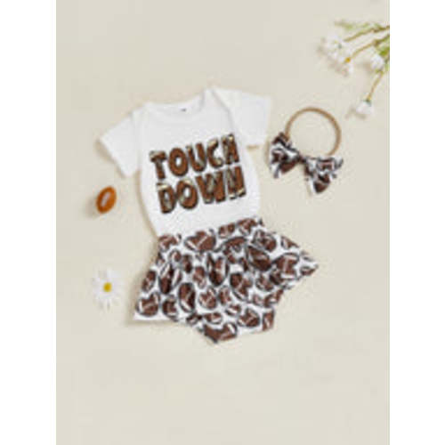 Baby Girls 3Pcs Touch Down Outfit Football Letter Print Romper Skirted Shorts Skort and Headband Bow Set
