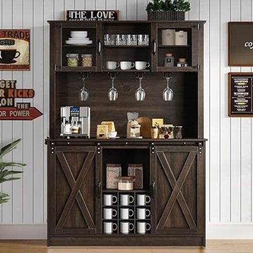 4ever2buy 72" Farmhouse Coffee Bar Cabinet with 2 Glass Doors & 9 Wine Racks, Tall Hutch Cabinet with Storage, Wine Bar Cabinet with 4 Row Metal Glass Holder, Dark Oak