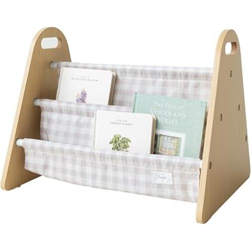 3 Sprouts Double Sided Baby Bookshelf - Portable Book Shelf for Kids Rooms - Ideal Toddler Book Storage - Nursery Bookshelf - Small Bookshelf for Child's Room - Book Organizer - Gingham Beige