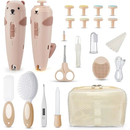 Lilian&Gema Baby Healthcare and Grooming Kit, 28-in-1 Rechargeable Nail Trimmer Electric Set, Dual Auto Light Baby Nail Care Kit, Portable Newborn Nursery Health Care Set for Infant Toddlers Boy Girl