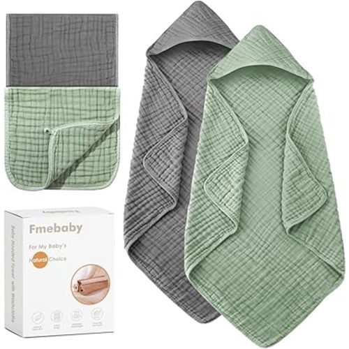 Hooded Baby Towels for Newborn, 2 Pack 36x36 Inch Muslin Cotton Baby Bath Towel and 12x12 Inch Washcloth Set with Hood for Babies, Toddler and Kids, Essentials Must Haves (Grey and Green)