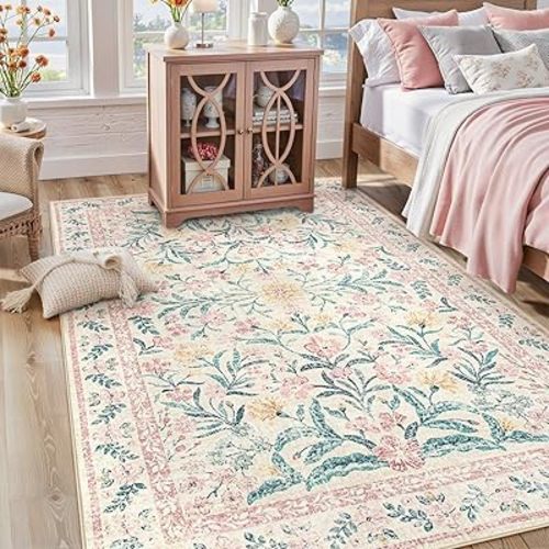 Lahome Sylvie Pink Bedroom Rug for Girls Room Decor, 5x7 Washable Cute Playroom Nursery Rug, Soft Floral Low Pile Carpet for Kids Living Dining Room Indoor, Pink/Multi
