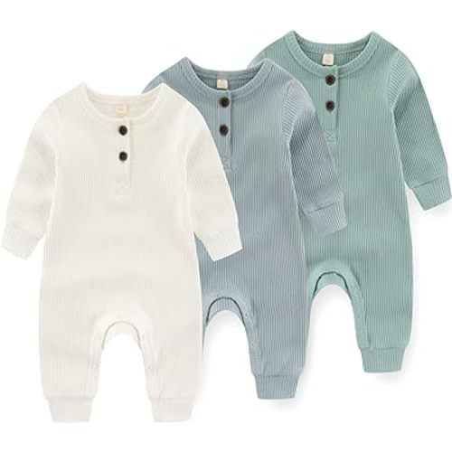 Amazon.com: IADOER Newborn Baby Boys Girls One Piece Romper With Mitten Cuffs 3 Pack Long Sleeve Ribbed Button Jumpsuit Outfit Clothes: Clothing, Shoes & Jewelry