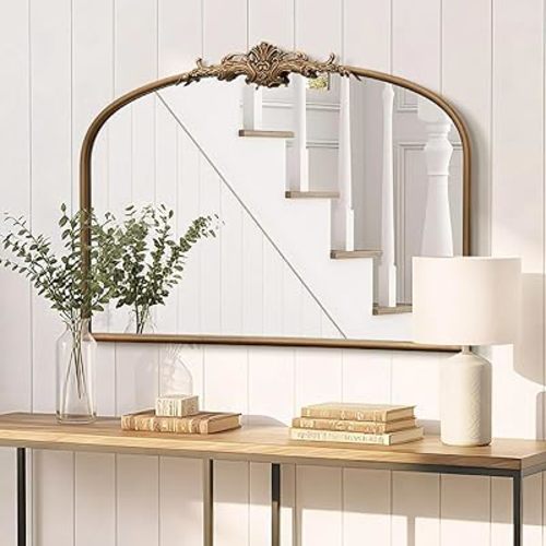Besdomus Vintage Arched Gold Mirror: 32"x24" French Large Gold Vintage Wall Mounted Mirror - Baroque Traditional Ornate for Bedroom/Fireplace/Bathroom/Hallway - Wall Decor for Fashion-Conscious
