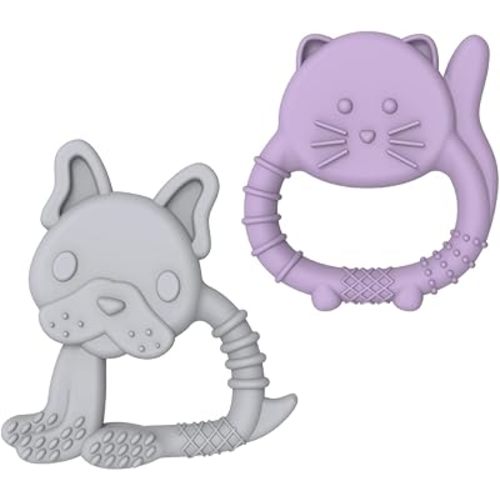 melii Baby Teethers, 100% Food Grade Silicone, Multiple Soft Textures to Soothe Baby's Gums, Teething Toy, BPA Free, Bulldog & Cat