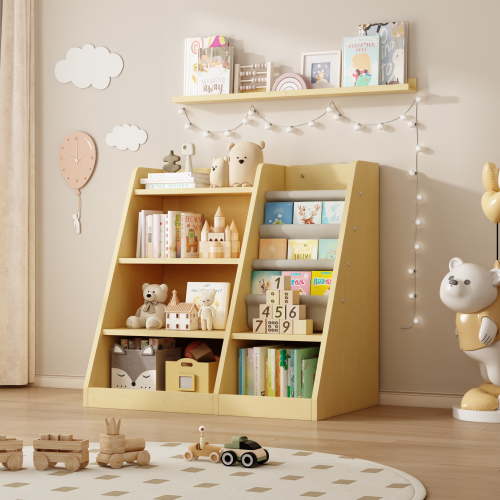 4 Tier Kids Wooden Bookshelf Toy Storage Organizer, 3 Layer Sling Children Bookcase, Toddler Baby Book Display Shelf for Playroom Nursery Classroom Library