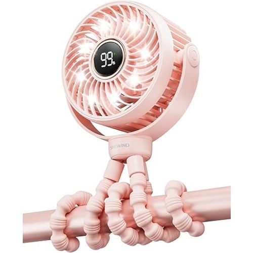 Stroller fan, 4000mAh Portable Battery Operated Smal Clip on Fan, 4 Speed Rechargeable Mini Personal Cooling, Travel for Baby Car Seat Crib (Pink)