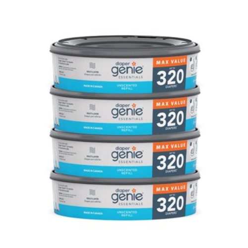 Diaper Genie Essentials Round Refill Pack of 4 | Holds Up to 1280 Newborn Diapers | Features Unscented Continuous Film | Compatible with Diaper Genie Complete and Expressions Pails RDD17