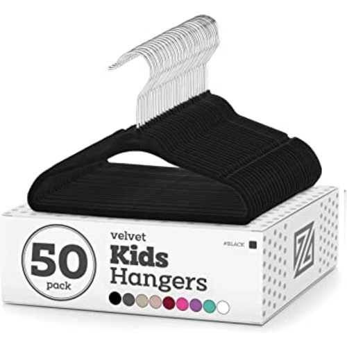 Zober Velvet Kids Hangers for Closet - Pack of 50 Non Slip Childrens Hangers for Shirts, Pants & Dresses w/Swivel Hook - Durable Clothes Hanger w/Notches - Small Hangers - Black