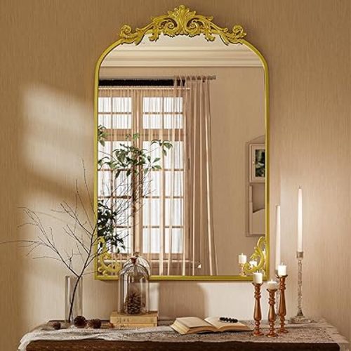 24x36 inch Vintage Arched Bathroom Mirror, Gorgeous Wall Vanity Mirror with Beautiful Retro Top and Bottom Engraving Process Frame for Entryway Hallway Living Room, Gold