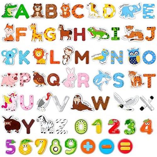 JoyCat Wooden Kids Magnets – 26 Cute Animals, Alphabet Uppercase Letters, and 0-9 Numbers, Fridge Magnets for Toddlers, Fun Educational Spelling Learning Gift for Toddlers & Kids