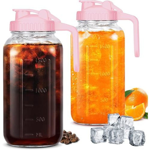 Mason Jar Pitcher, 64 OZ Breast Milk Pitcher Double Leak Proof with Pour Spout Handle, Wide Mouth Iced Tea Pitcher for Fridge, Creamer Container for Coffee, Sun Tea juice (Pink,2 Pack) - 64oz 2Pcs
