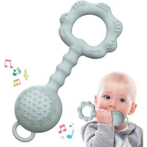 Teethers for Babies 0-6 Months, Rattles for Babies 6-12 Months, 2-in-1 Rattle and Teether Toy for Soothing Sore Gums and Keeps Little Ones Entertained, Food Grade Silicone, Gray