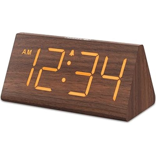 DreamSky Wooden Digital Alarm Clocks for Bedrooms - Electric Desk Clock with Large Numbers, USB Port, Loud Alarm for Heavy Sleepers, Adjustable Volume, Dimmer, Snooze, DST, 12/24H, Wood Décor (Brown)
