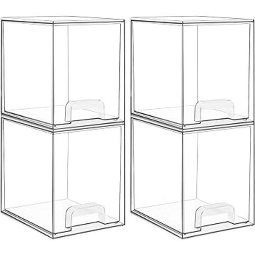 Vtopmart 4 Pack Clear Stackable Storage Drawers,7.6" H Plastic Organizers Bins for Skincare, Bathroom Supplies,Ideal for Cabinet,Undersink,Vanity,Kitchen,Pantry Organization