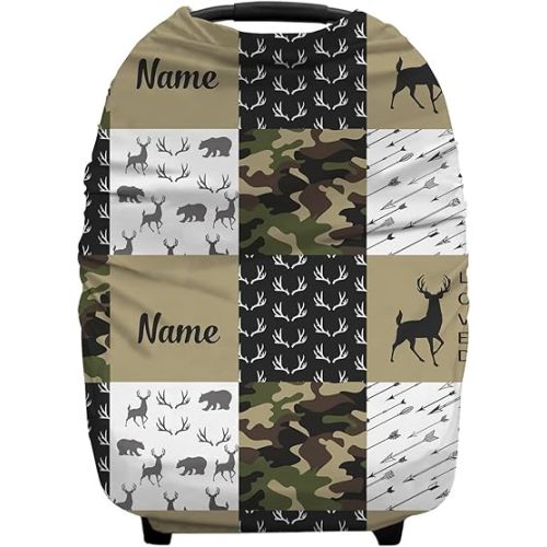 Personalized Woodland Deer Camouflage Baby Car Seat Covers with Name, Custom Nursing Cover Breastfeeding for Babies, Carseat Canopy for Boys and Girls, Infant Stroller Cover, Breathable Carseats Cover