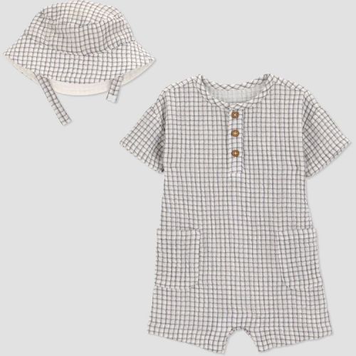 Carter's Just One You® Baby Boys' 2pc Gingham Romper and Hat Set - Gray Newborn