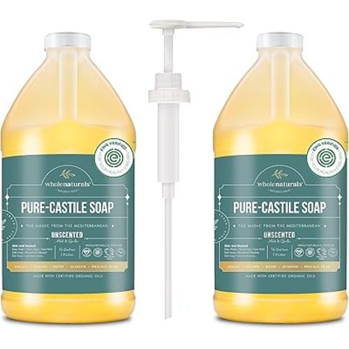 Pure Castile Soap Liquid, EWG Verified & Certified Palm Oil Free Unscented, Natural, Mild & Gentle Non-gmo & Vegan - Organic Body Wash, Laundry, Pet/Dog and Baby Soap -Pack of 2 w/pump