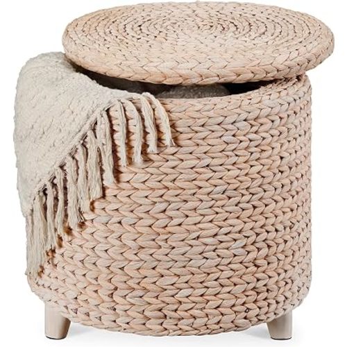 Best Choice Products 17" Round Storage Ottoman W/Lid, Handwoven Water Hyacinth Footstool, Footrest w/Wooden Legs, Accent Side Table, Storage Container, Plant Stand - Whitewash
