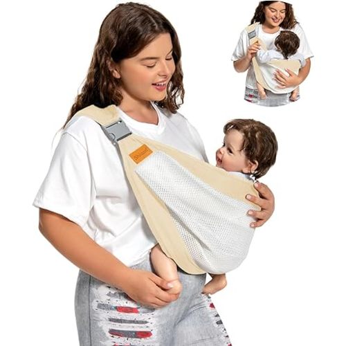 Baby Sling Carrier Newborn to Toddler, Adjustable Easy Baby Carrier, Baby Wrap Sling, Baby Hip Seat Carrier for Toddler Sling, Baby Holder Carrier, Nursing Sling, Carrying 7-45 lbs, Beige