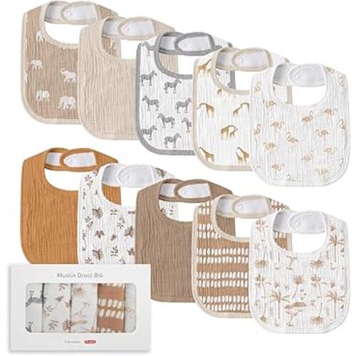 Muslin Baby Drool Bibs for Unisex Boys Girls, 10 Pack Soft Cotton Baby Bib for Teething Drooling, Essentials Shower Gift (10, Brown)