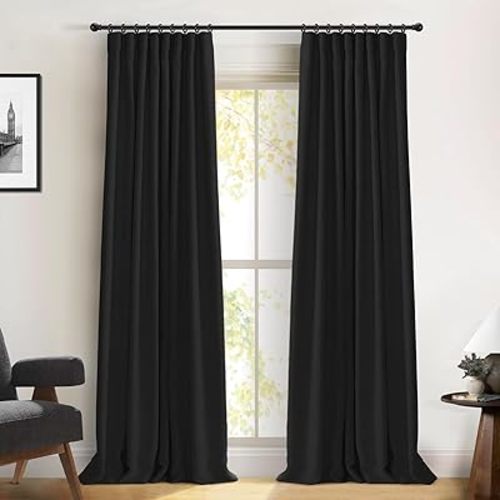 100% Blackout Shield Full Blackout Curtains for Bedroom 84 inch Length 2 Panels Set, Clip Rings/Rod Pocket Faux Linen Black Out Curtains for Living Room, Thermal Insulated, 50Wx84L, Black