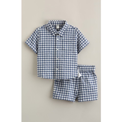 Seersucker Short Sleeve Button-Up Shirt & Drawstring Shorts Set
