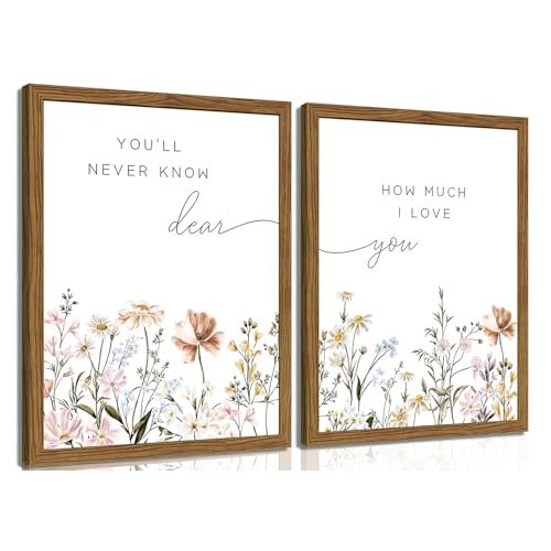 Wood Framed Wildflower Nursery Wall Art Set of 2, Boho Flower Botanical Wall Decor Paintings, Baby Girl Nurseries Pictures Posters Prints for Nursery Baby Room Bedroom Home Decoration 16x24 Inch