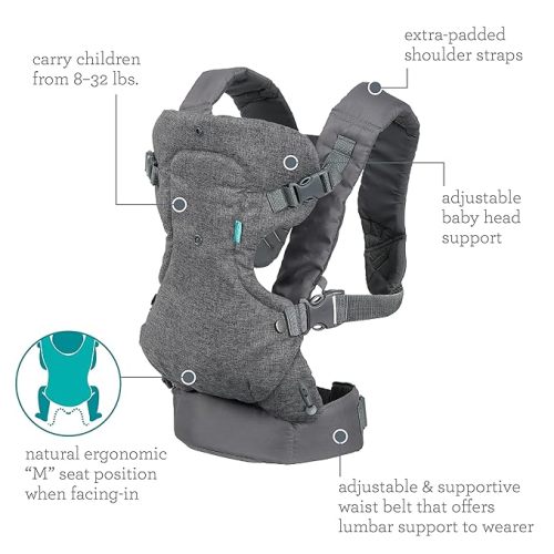 COLOR: GREY - Infantino Flip Advanced 4-in-1 Carrier - Ergonomic, convertible, face-in and face-out front and back carry for newborns and older babies 8-32 lbs - Grey