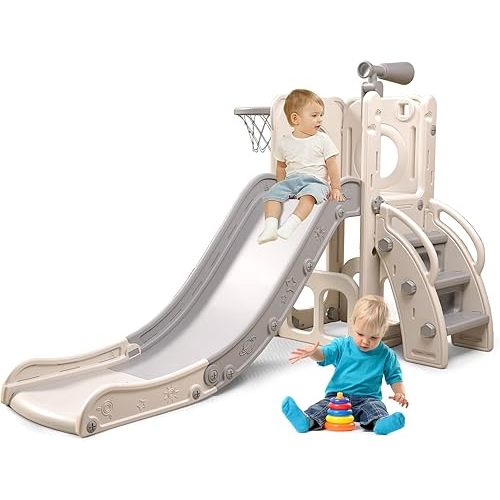 6 in 1 Toddler Playset with Slide,Toddler Slide,Slide for Kids with Basketball Hoop,Ball,Ring Toss,Kids Slide Toddler Playground Toddler Slide Indoor Outdoor Toys (6 in 1, White Grey)