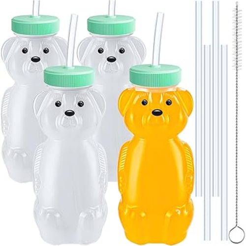 4 PCS Honey Bear Straw Cup, Baby Straw Cups with 8 Flexible Straws & 1 Straw Brushes, 8oz Special Supplies Juice Bear Bottle for Infant Feeding, Drinking Needs of Those with Poor Oral Health (Green)