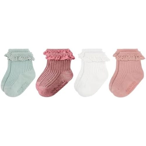 Looching 8 Pack Baby Girls Anti Slip Socks Toddler Frilly Ruffle Grip Ankle Cotton Socks for Infant/Newborn/0-2T