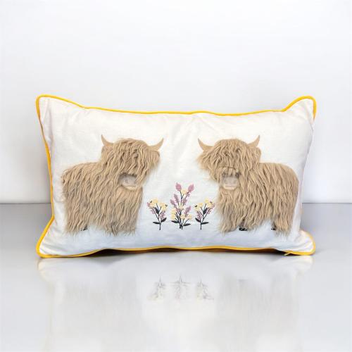 Highland cow cushion fluffy and floral design scatter cushion sofa cottage farmhouse gift