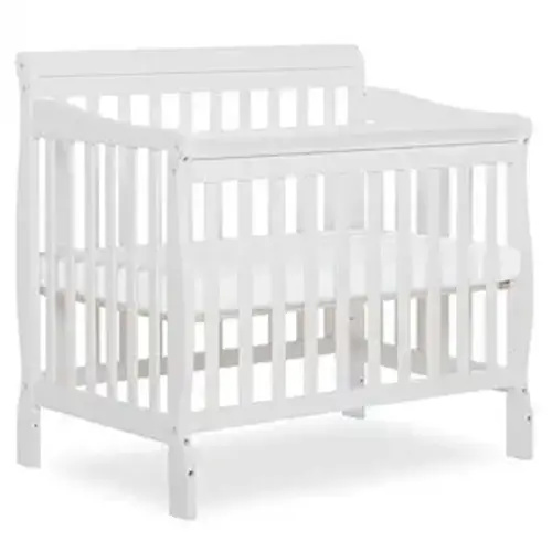 Dream On Me Aden 4-in-1 Convertible Mini Baby Crib, GREENGUARD Gold & BSA Certified, Sustainable Pinewood, Non-Toxic Finish, 3 Mattress Heights, Converts to Mini Day & Twin-Size Bed - White