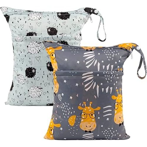 ALVABABY 2pcs Cloth Diaper Wet Dry Bags Waterproof Reusable with Two Zippered Pockets Travel Beach Pool Daycare Soiled Baby Items Yoga Gym Bag for Swimsuits or Wet Clothes LZ1920