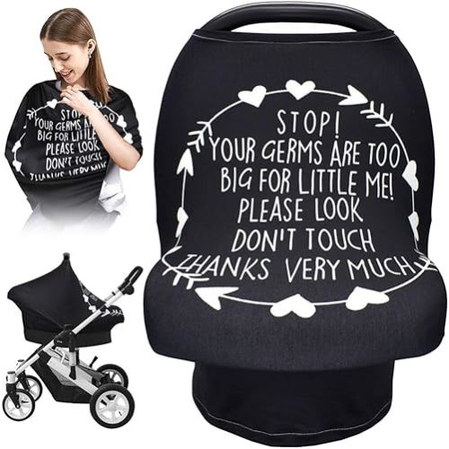 Car Seat Covers for Babies, Nursing Breastfeeding Cover Infant Carseat Canopy, Soft Stretchy Carrier Cover for Stroller High Chair Shopping Cart, Newborn Boy Girl Shower Gift - Stop No Touching Sign